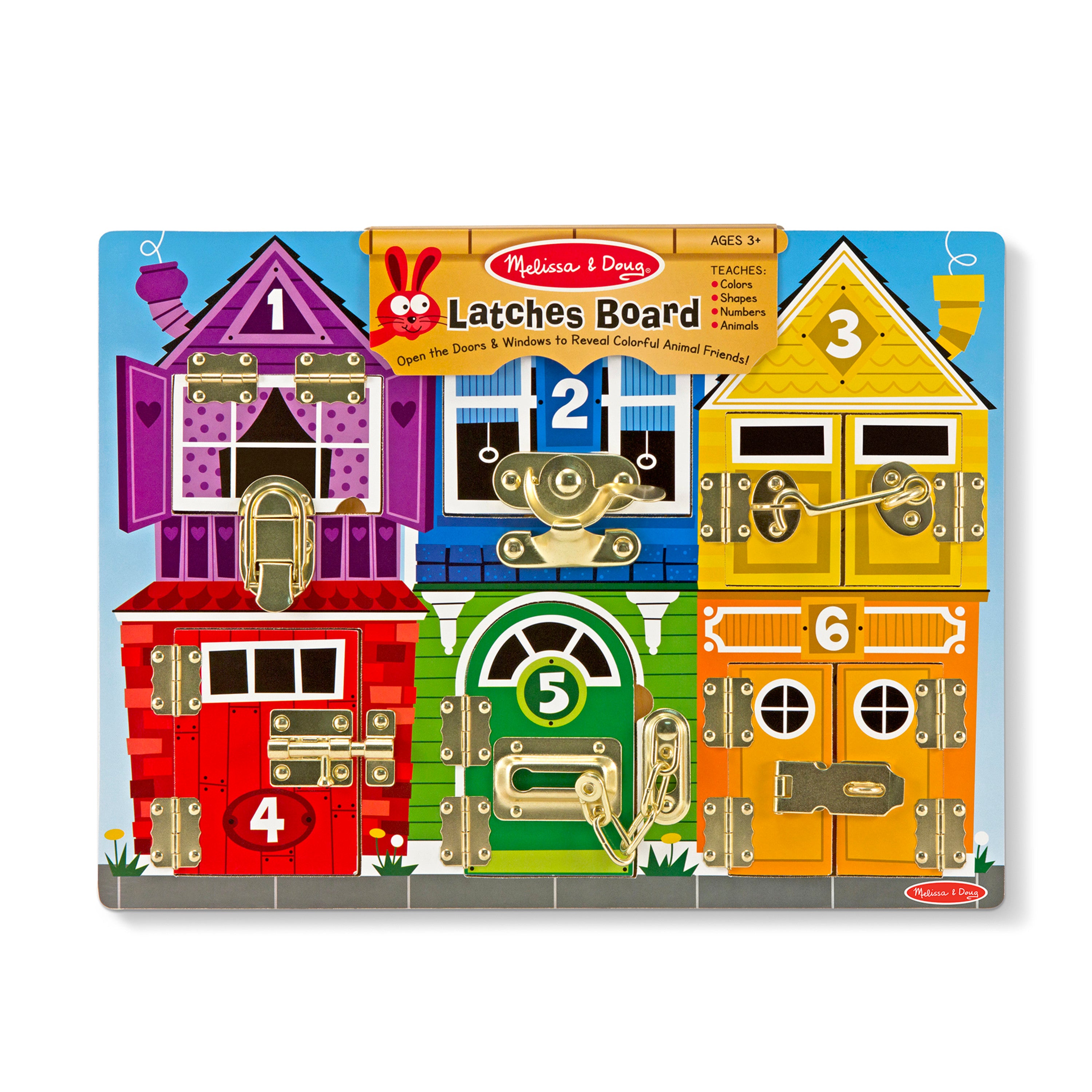 Kids exploring the Melissa & Doug wooden latches activity board
