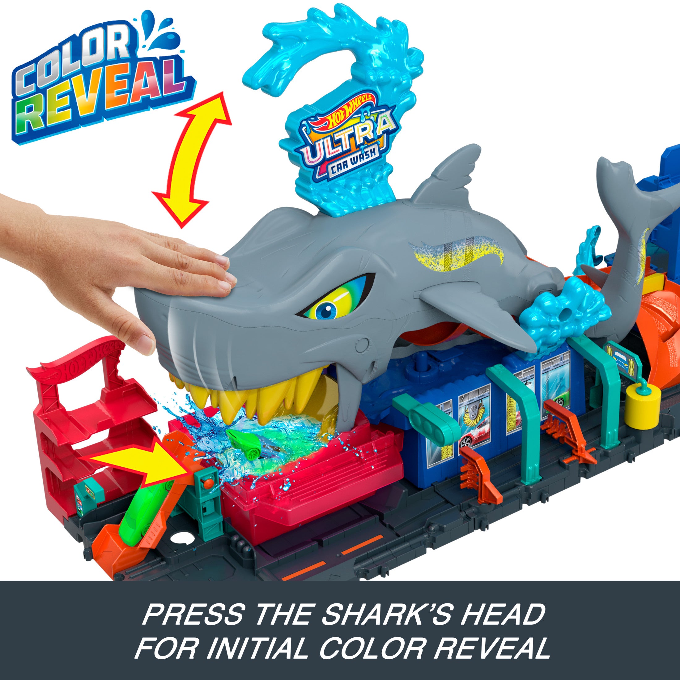 Hot Wheels Color Reveal car driving into the shark’s mouth.
