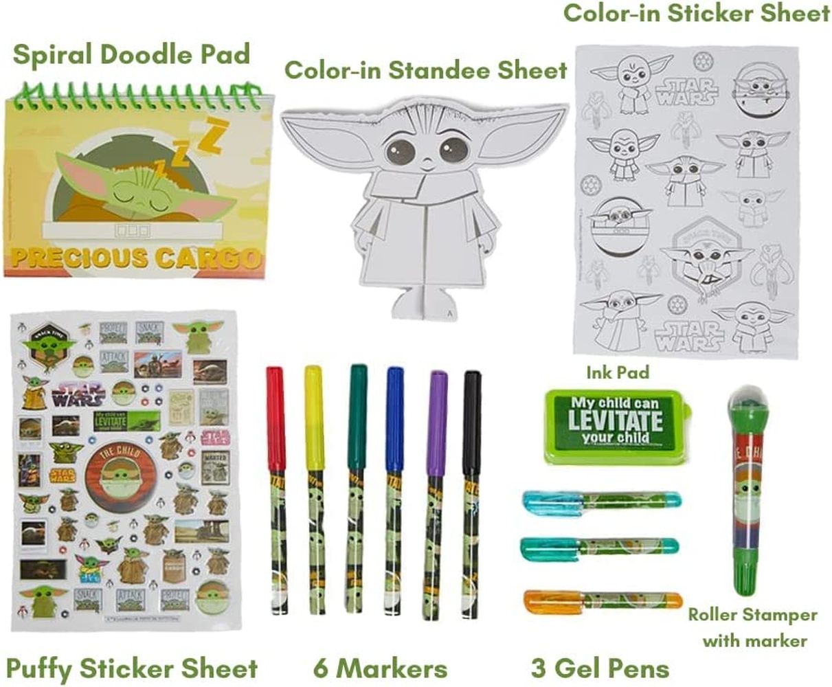 Travel-friendly carrying case with Baby Yoda design for kids' art supplies
