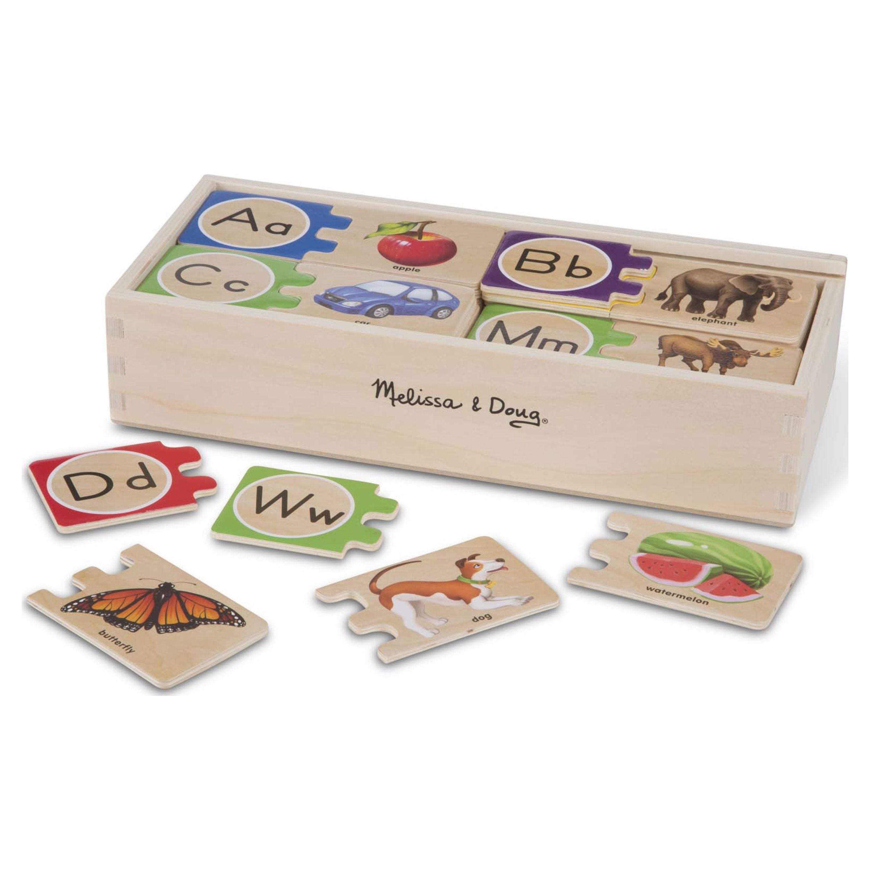 Alphabet wooden puzzle in a sturdy storage box
