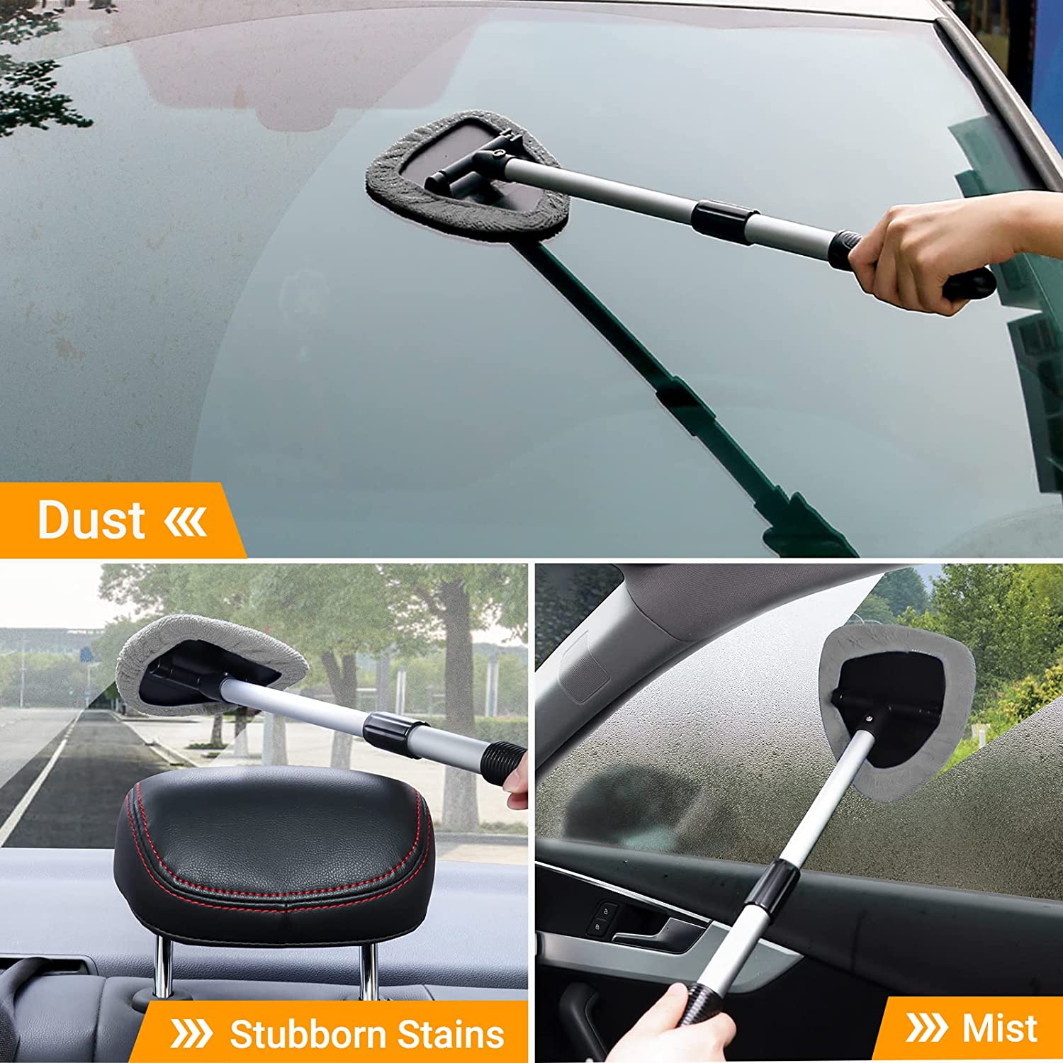 Car window cleaning tool with pivoting head and safety hammer
