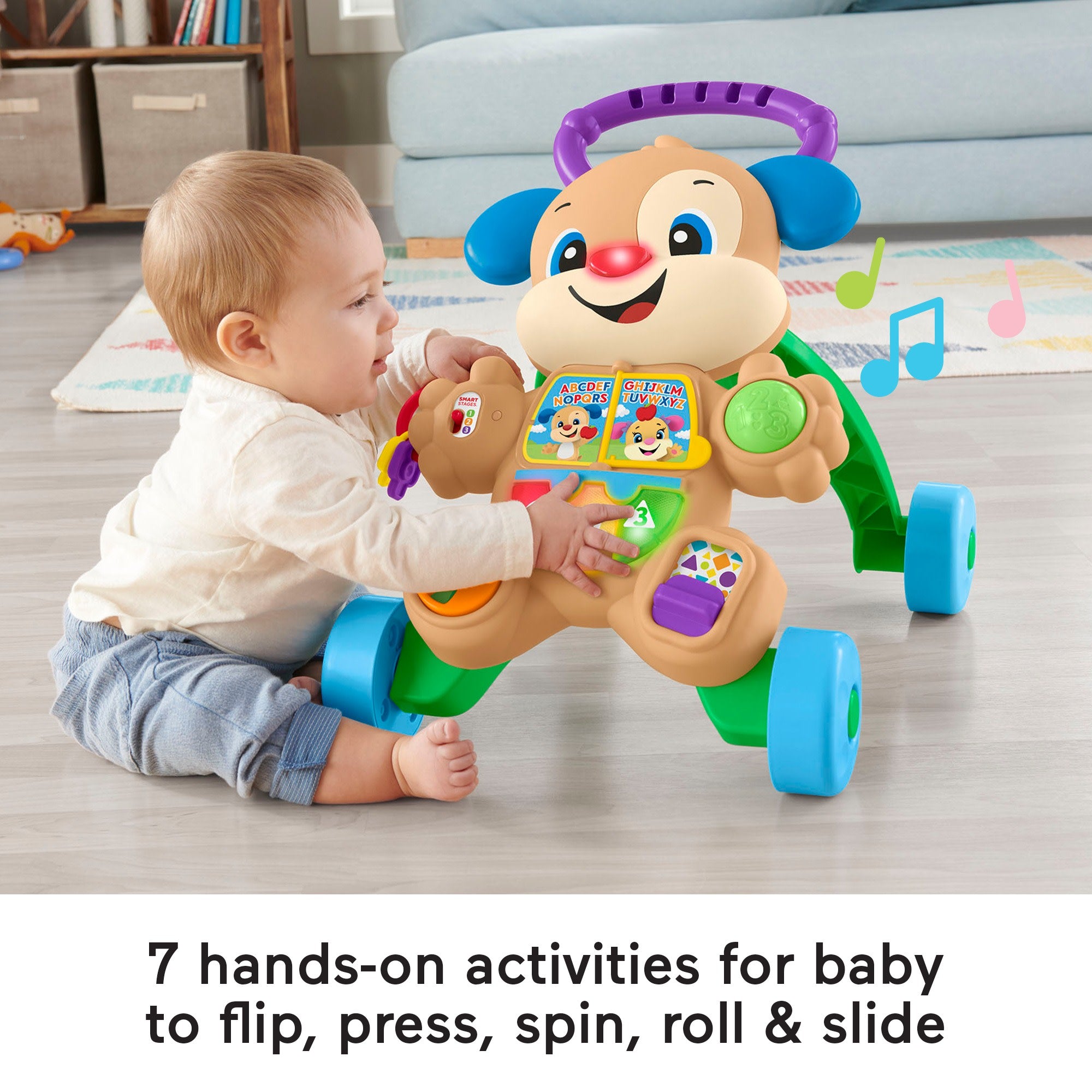 Toddler taking first steps using the Fisher-Price Puppy Walker