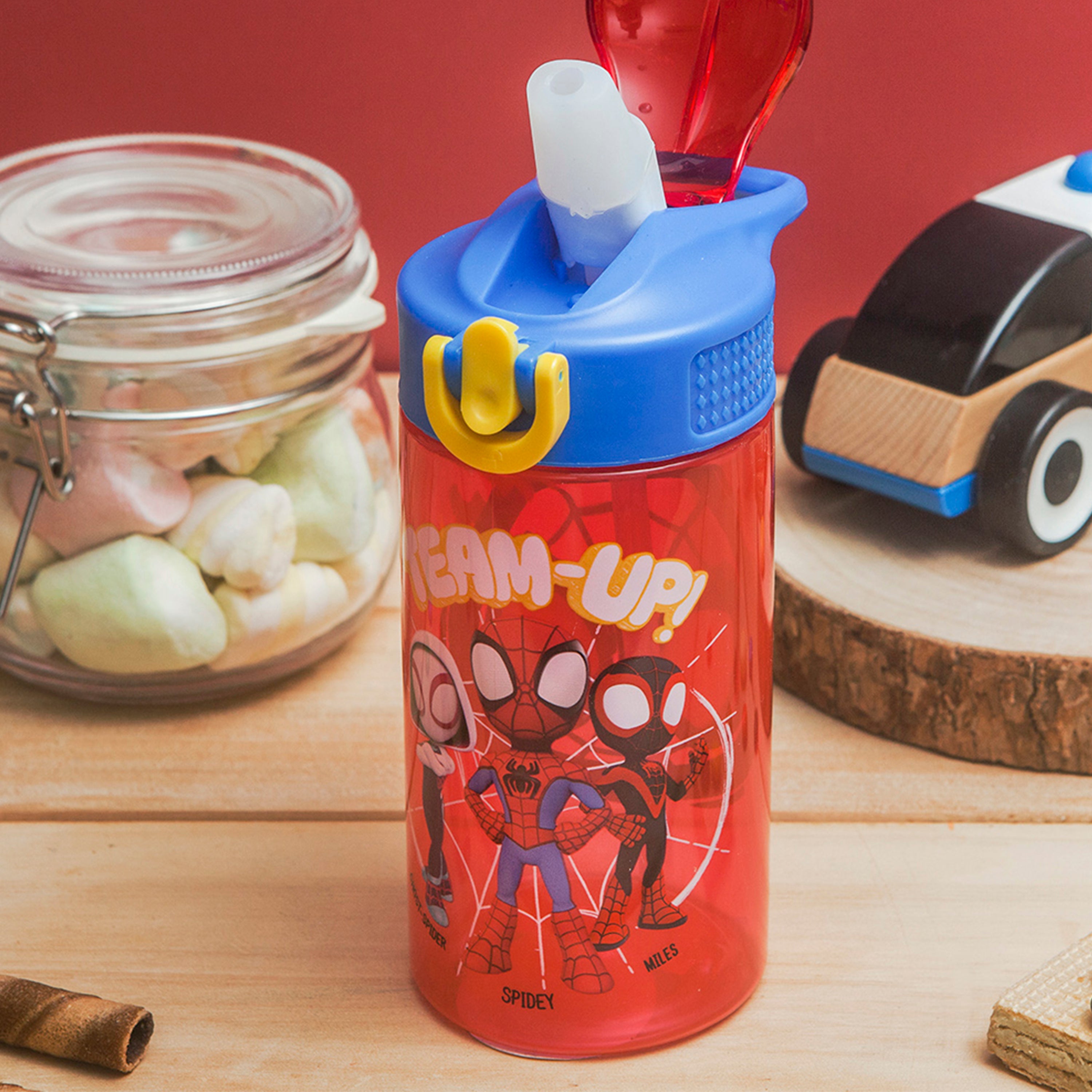 Durable plastic Spider-Man water bottles with carrying loop
