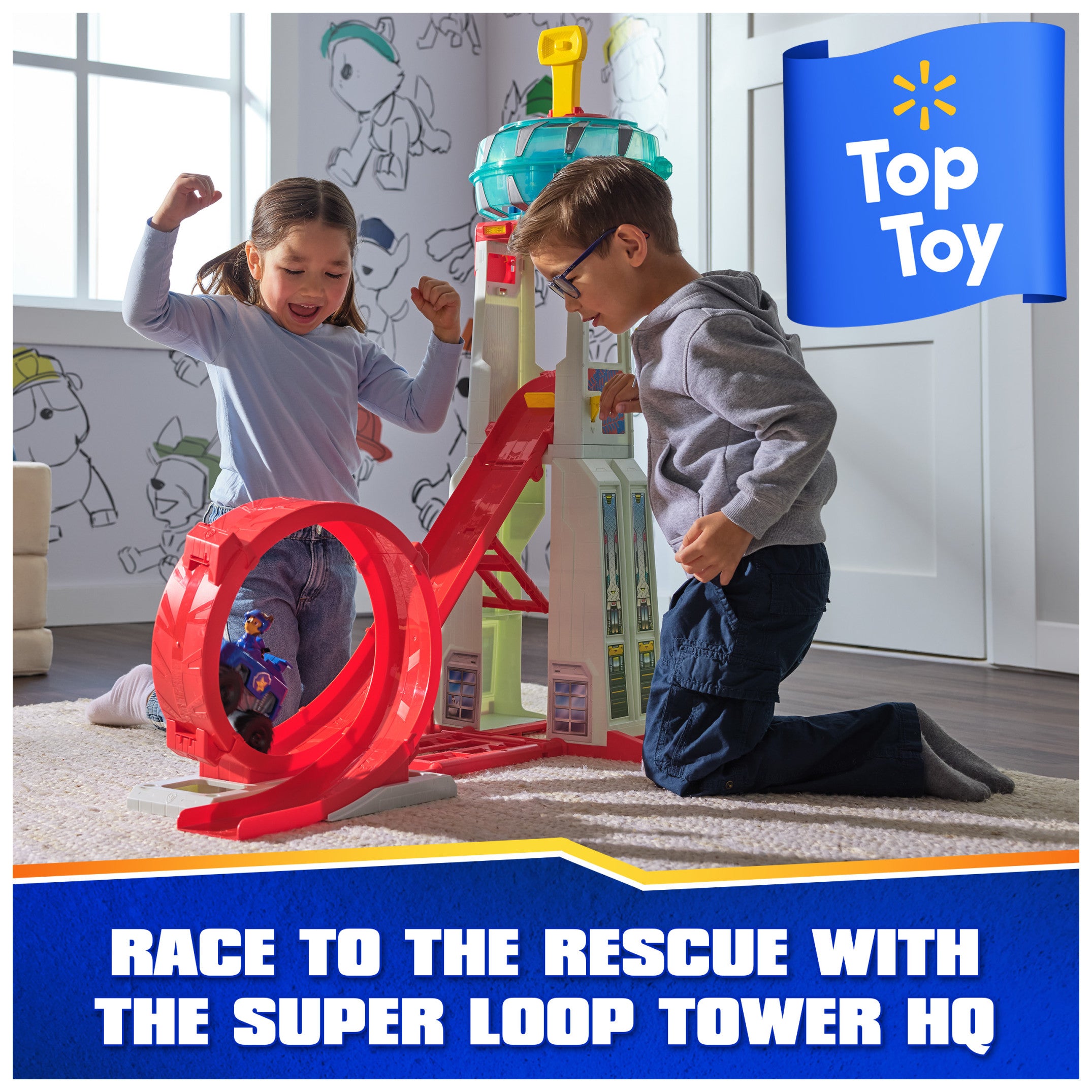 Full 3.5-ft tall PAW Patrol Tower showcasing the looping ramp.
