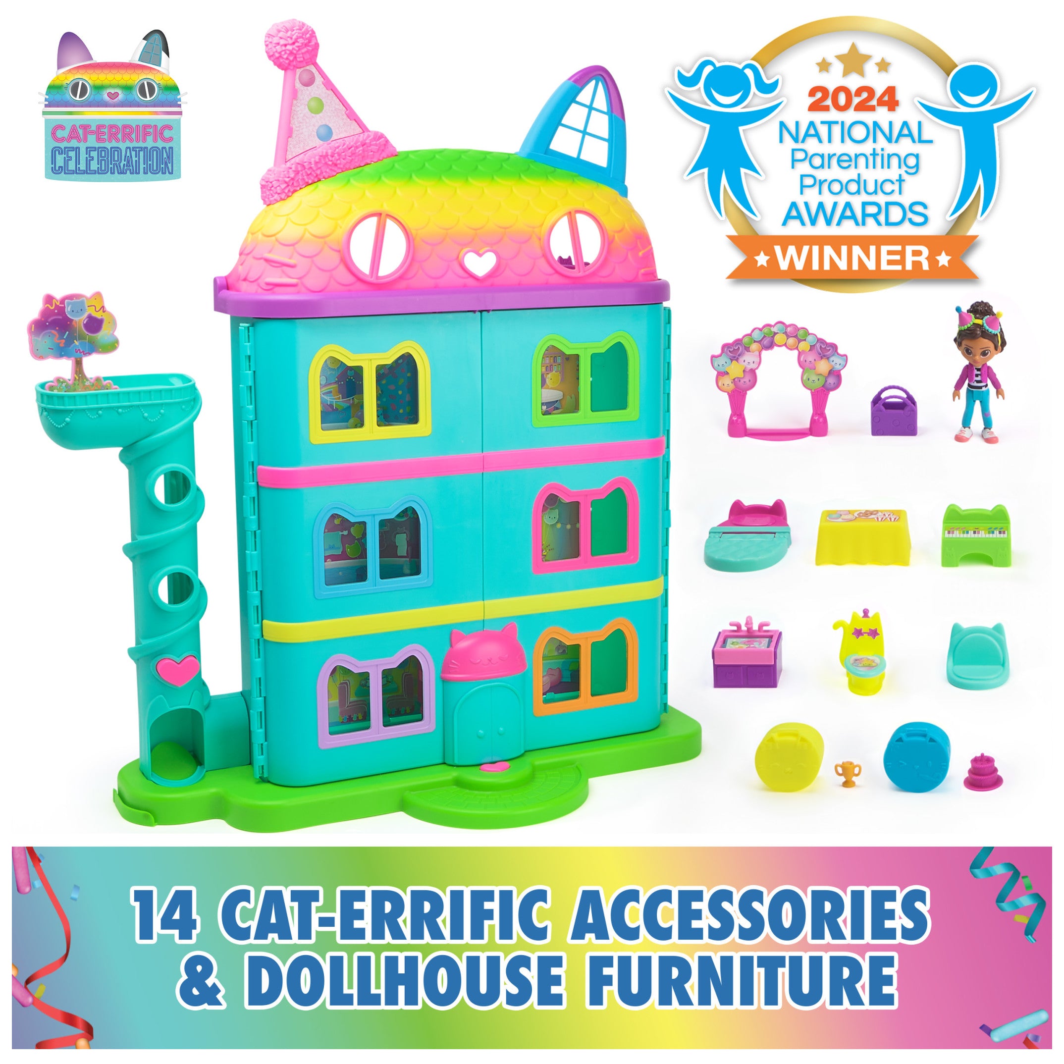 Interactive Gabby’s Dollhouse with toy figures and accessories.
