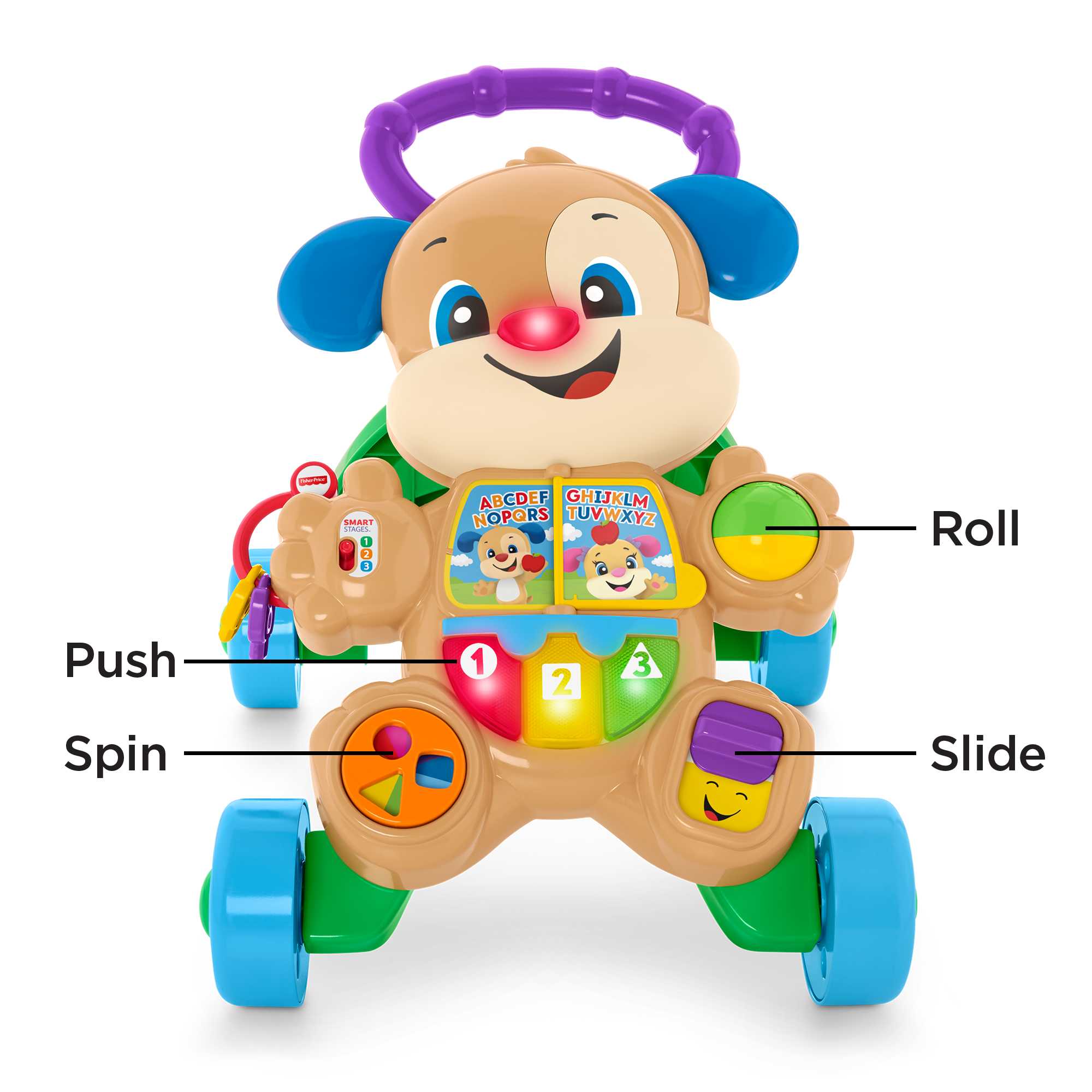 Fisher-Price walker showcasing light-up nose and flip page features