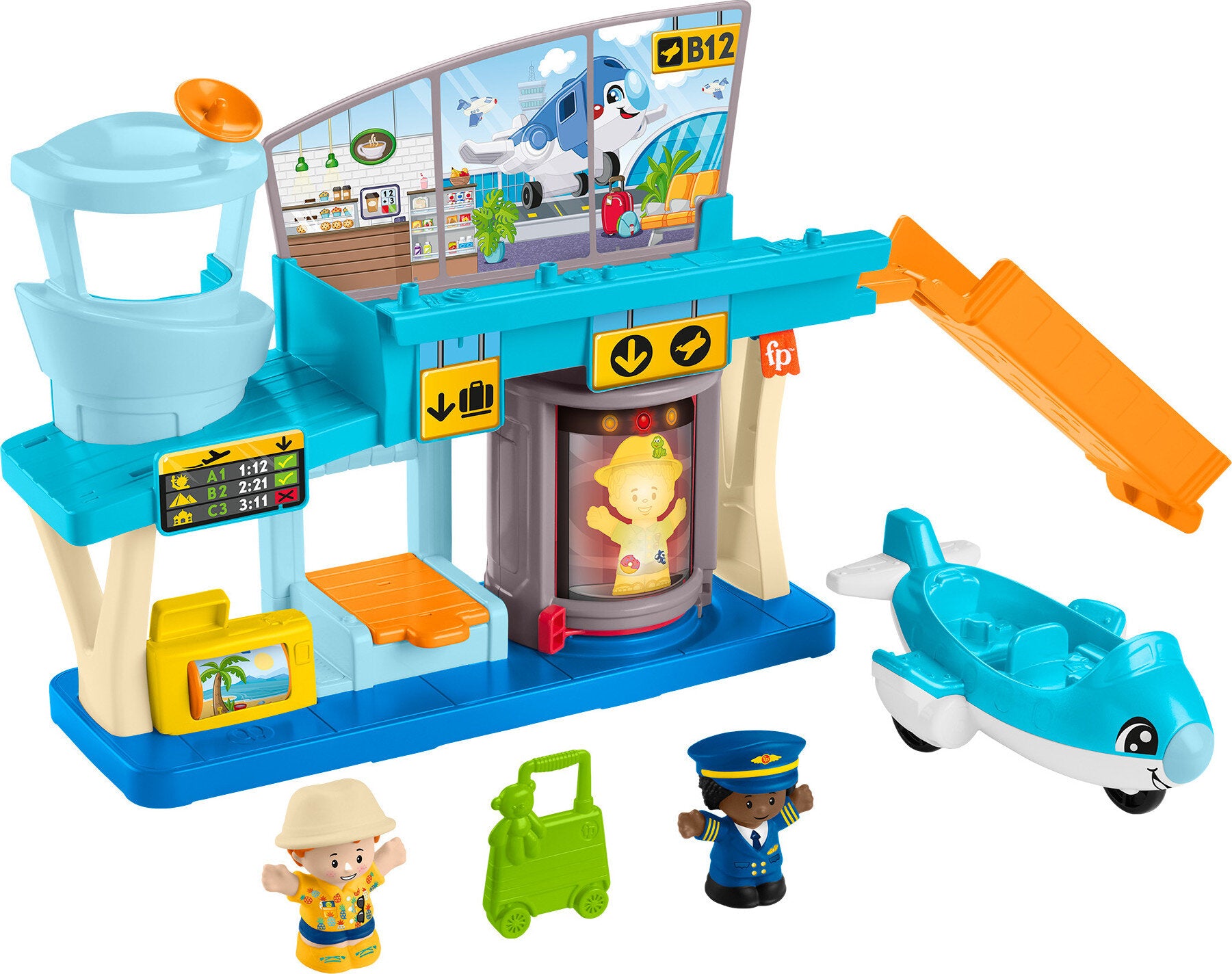 Toddler interacting with the Little People Airport playset
