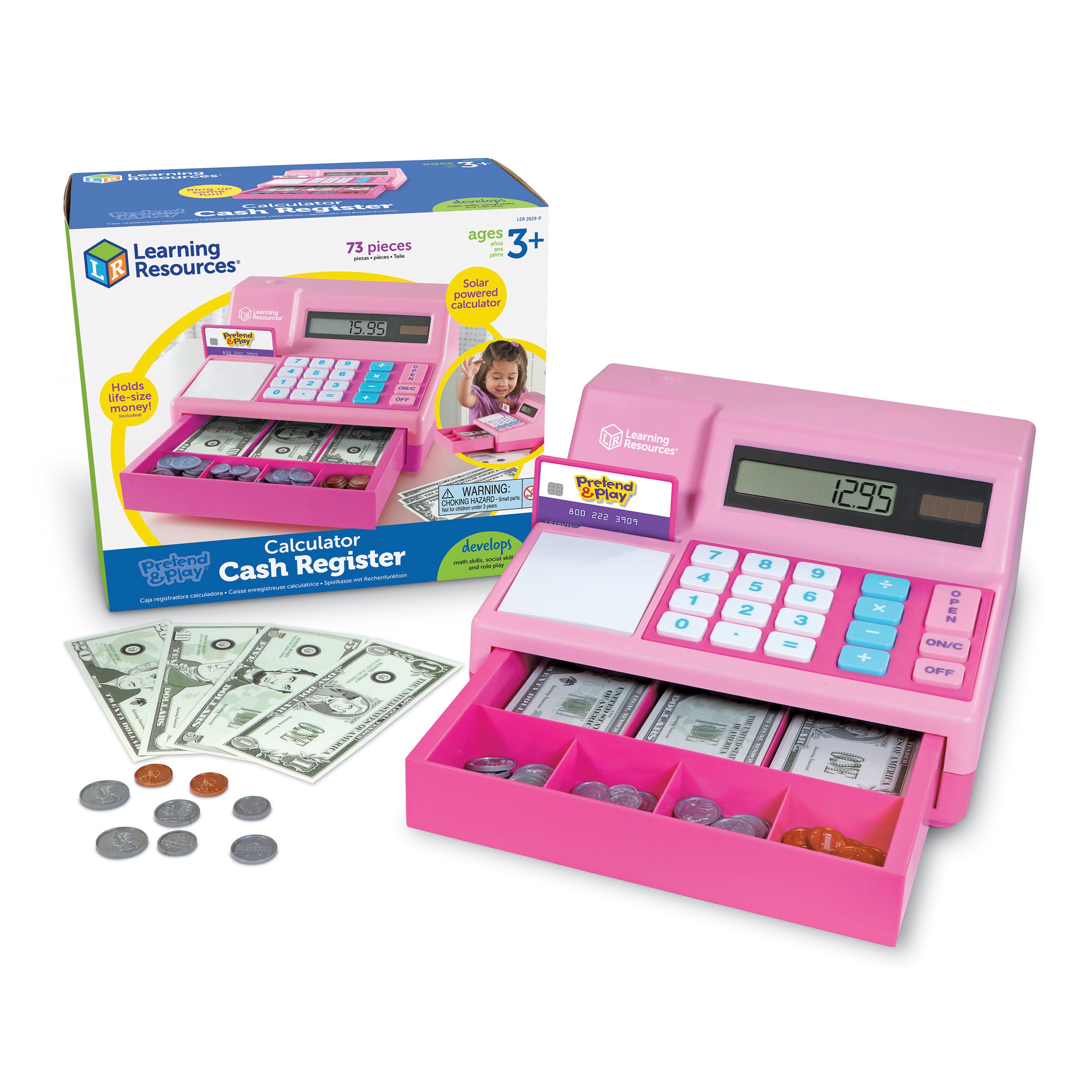 Learning Resources Pink Pretend & Play Calculator Cash Register with accessories.
