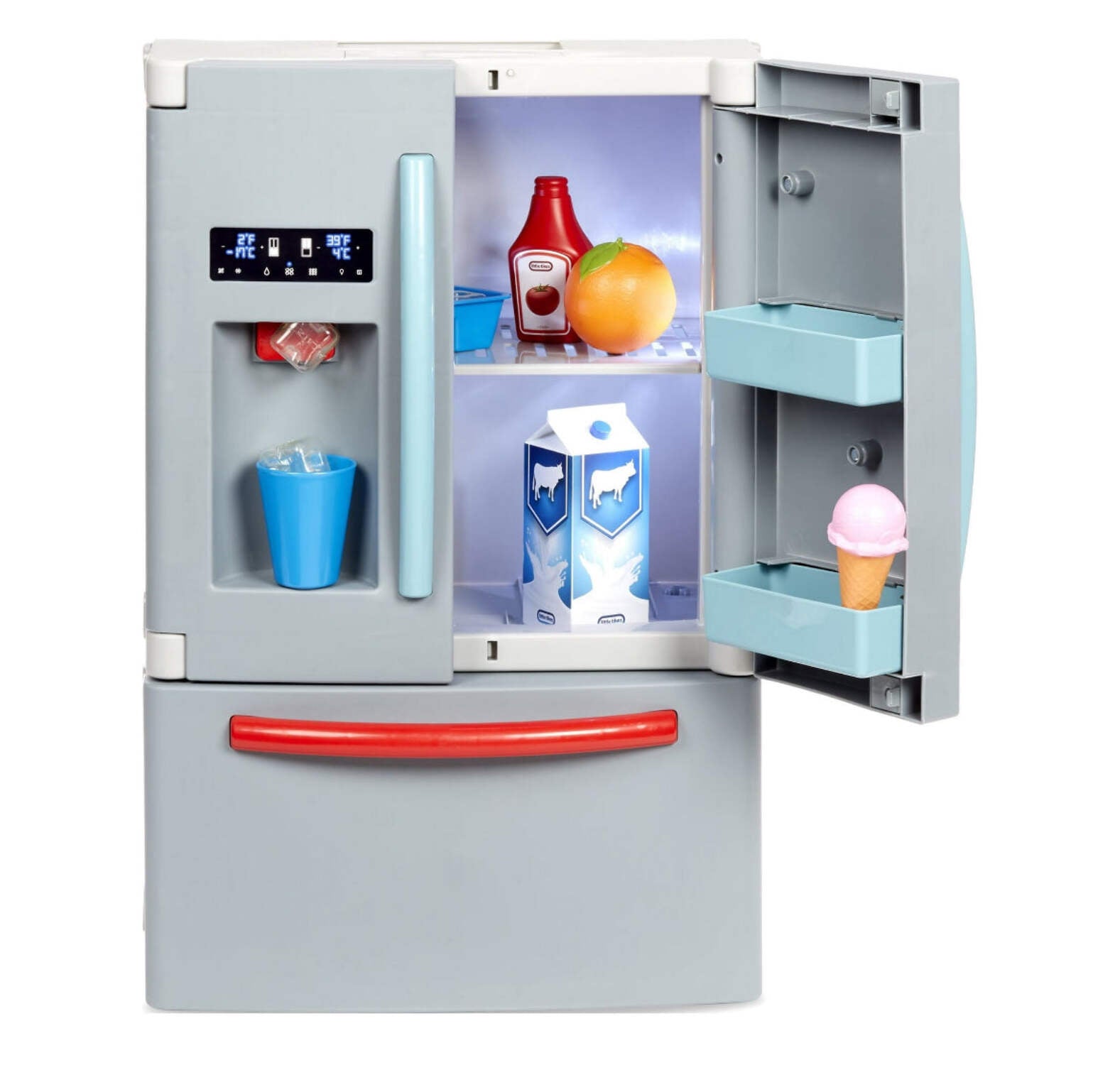 Little Tikes First Fridge with interactive lights and ice dispenser.
