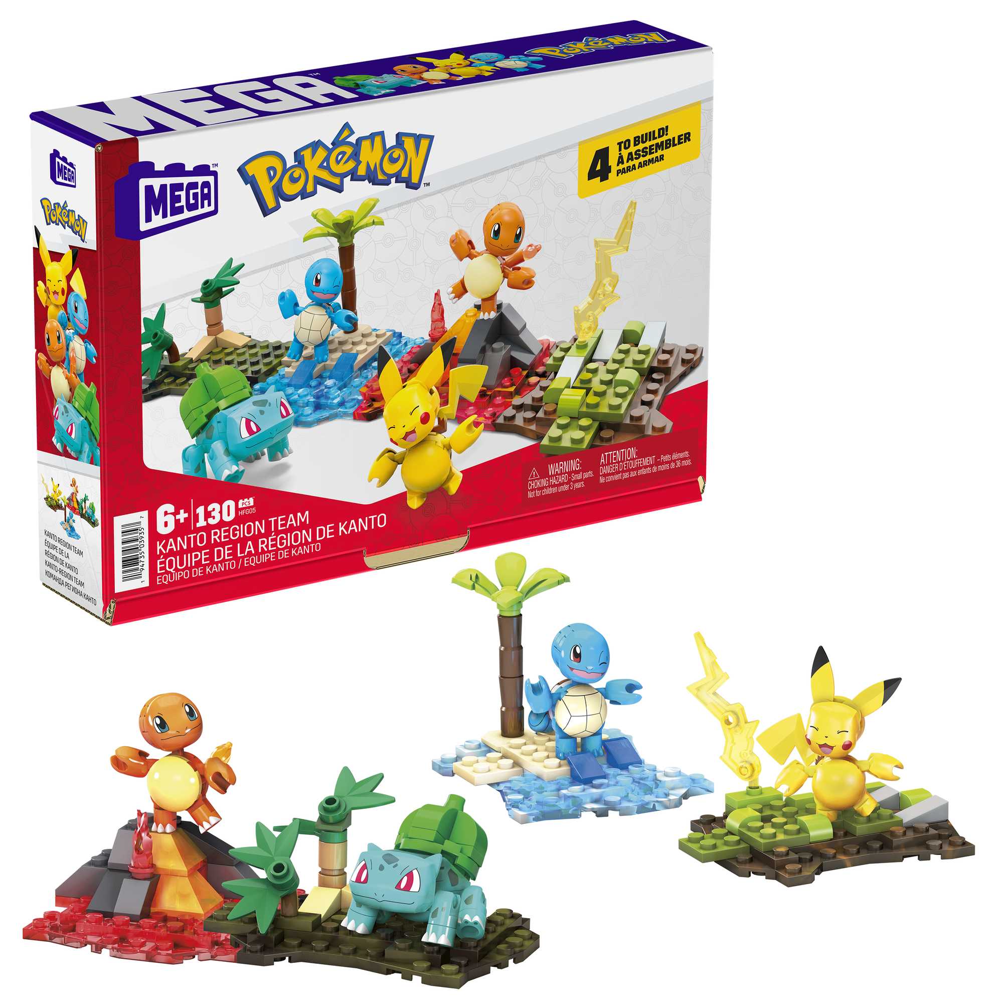 MEGA Pokémon Building Toy Kit featuring Pikachu, Squirtle, Charmander, and Bulbasaur
