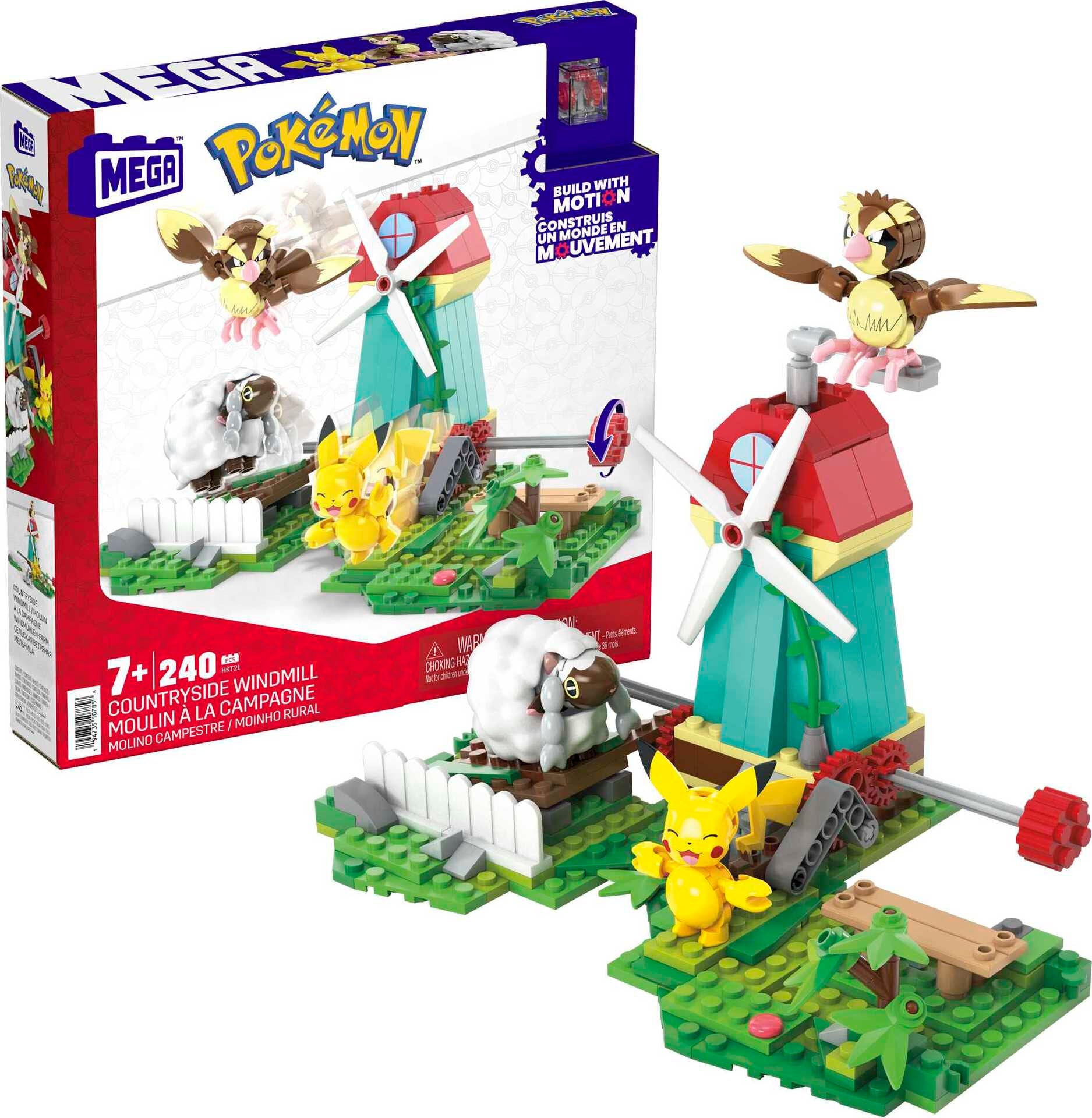 Pokémon building set featuring Pikachu, Pidgey, and Wooloo with windmill
