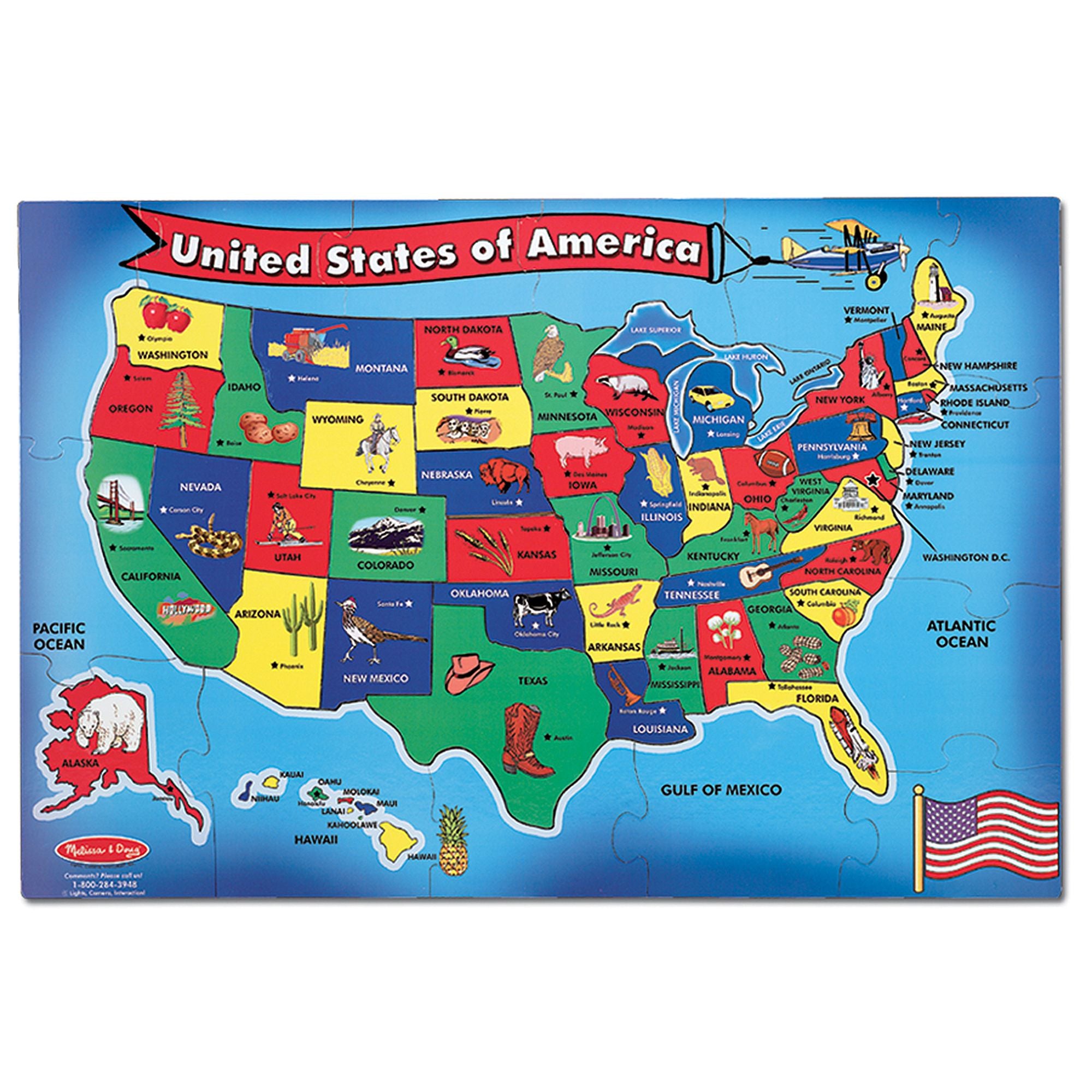 Fully assembled Melissa & Doug USA Map Floor Puzzle showcasing all states
