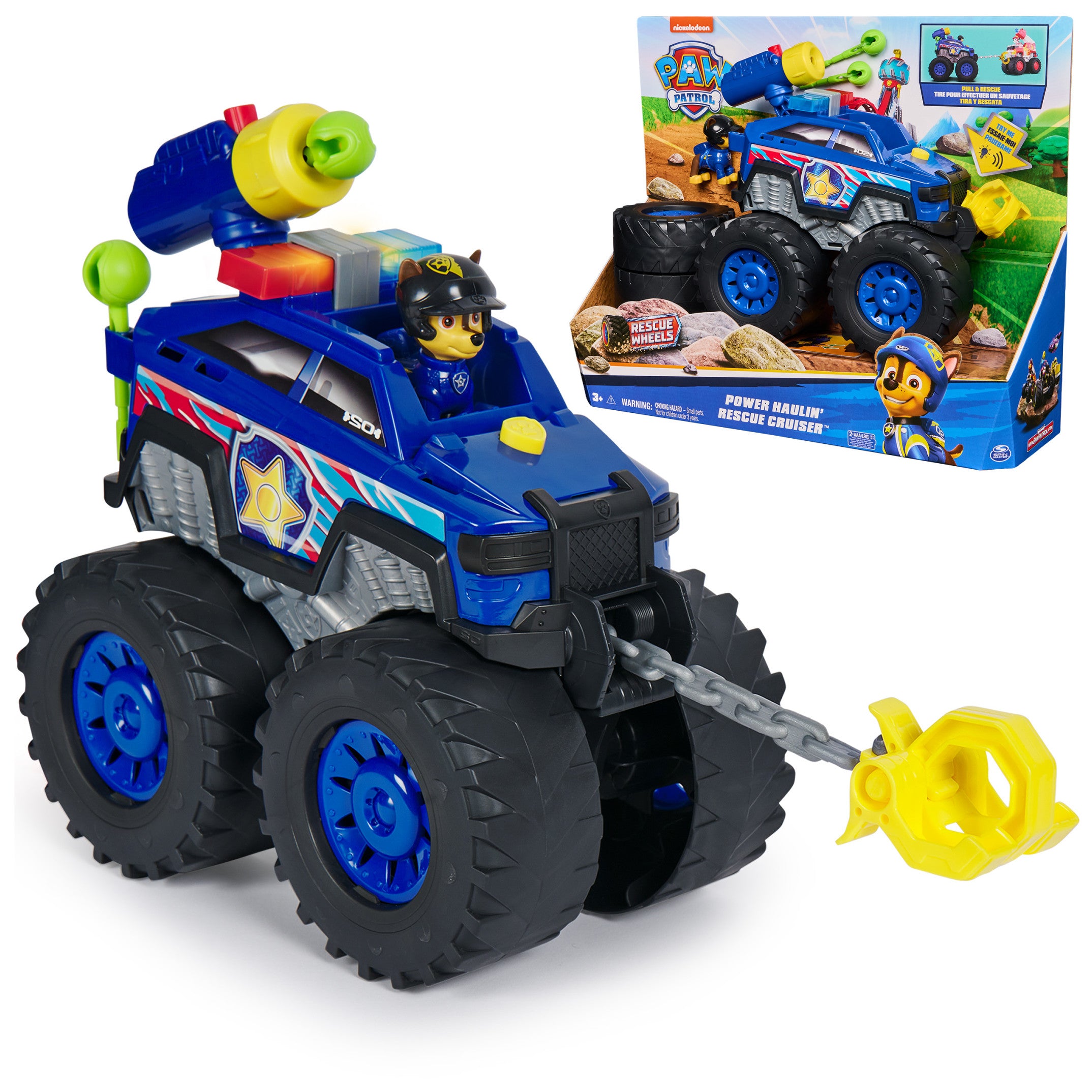 PAW Patrol Chase’s Power Haulin’ Cruiser with oversized wheels and lights.
