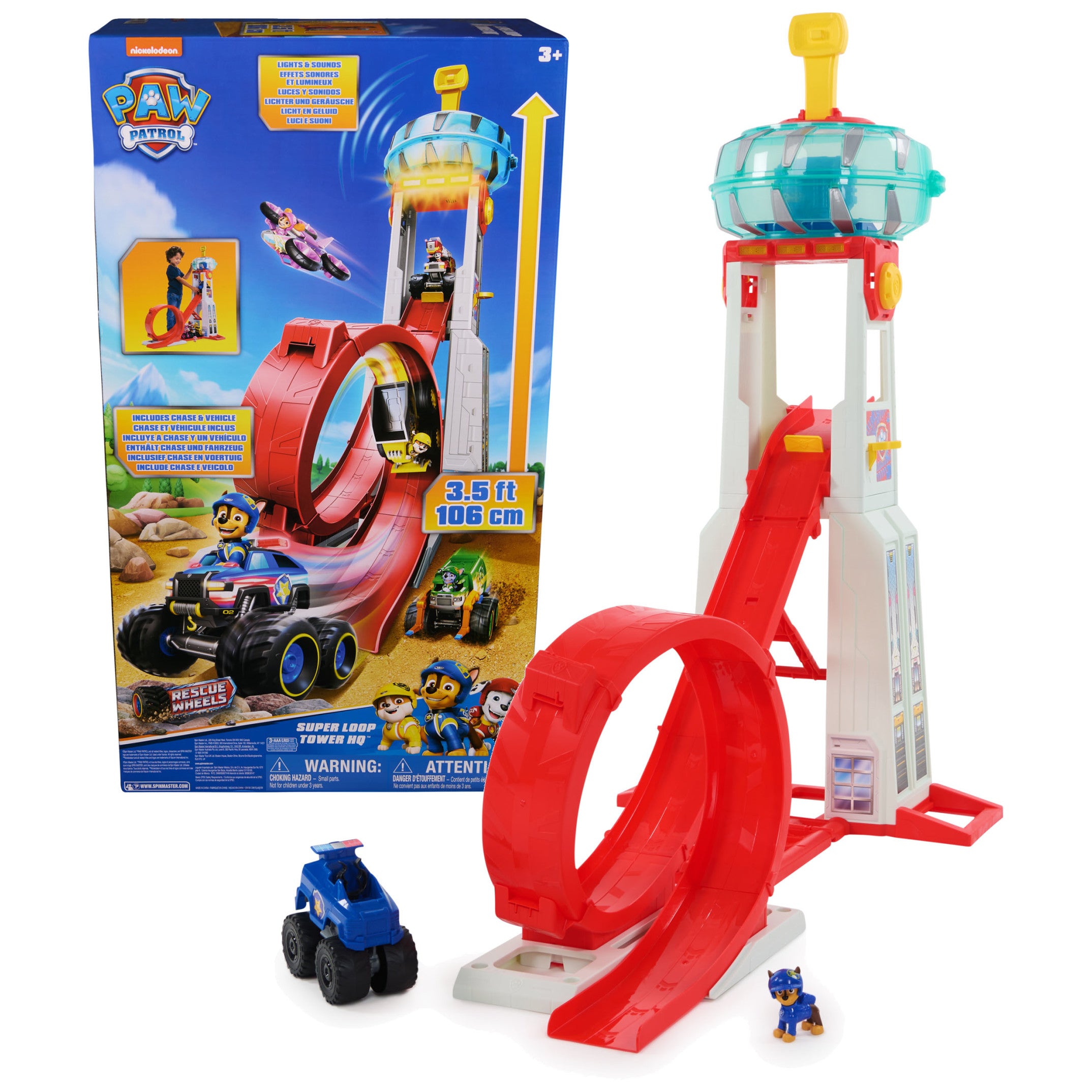 PAW Patrol Rescue Wheels Super Loop Tower HQ with Chase figure and vehicle.
