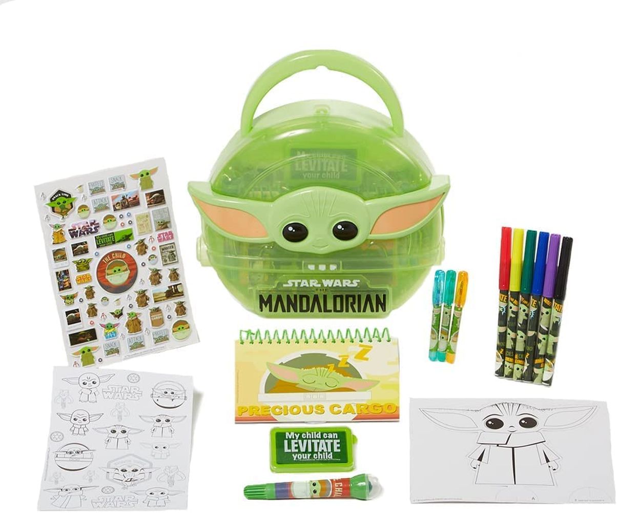 Baby Yoda art set with Mandalorian-themed carrying case and art supplies
