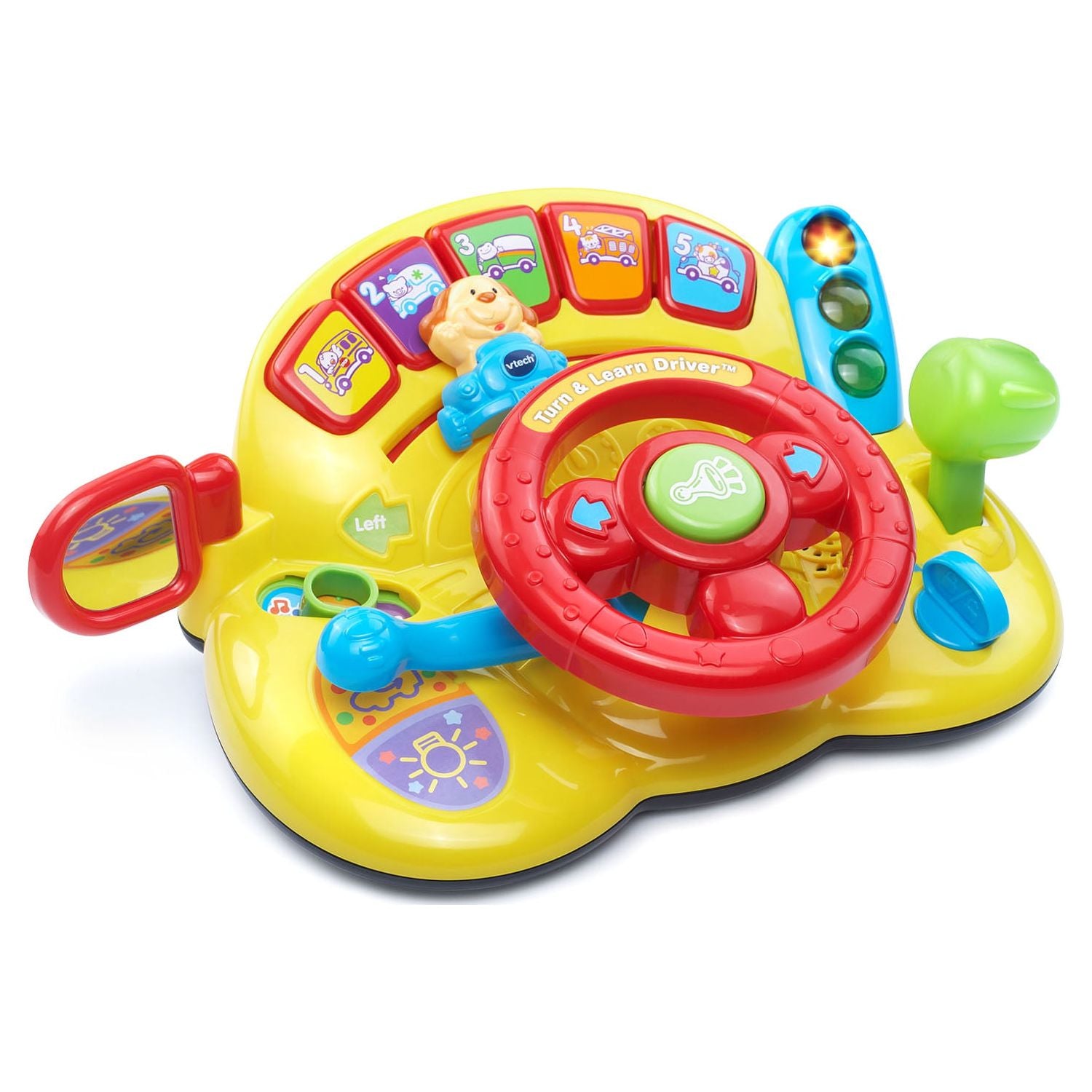 Interactive baby toy steering wheel with a moving dog character
