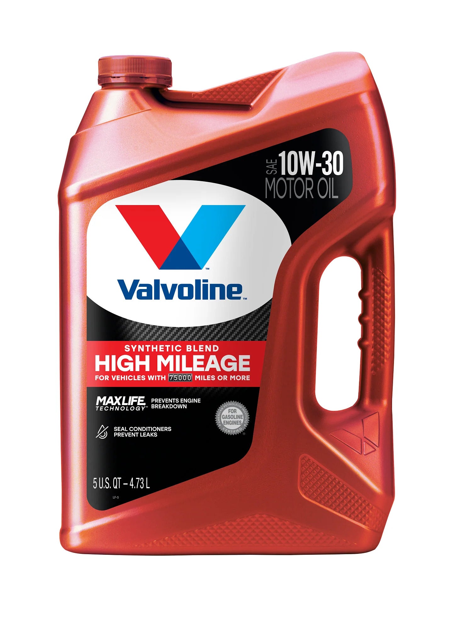 Valvoline High Mileage MaxLife 10W-30 Synthetic Blend Motor Oil 5 QT bottle
