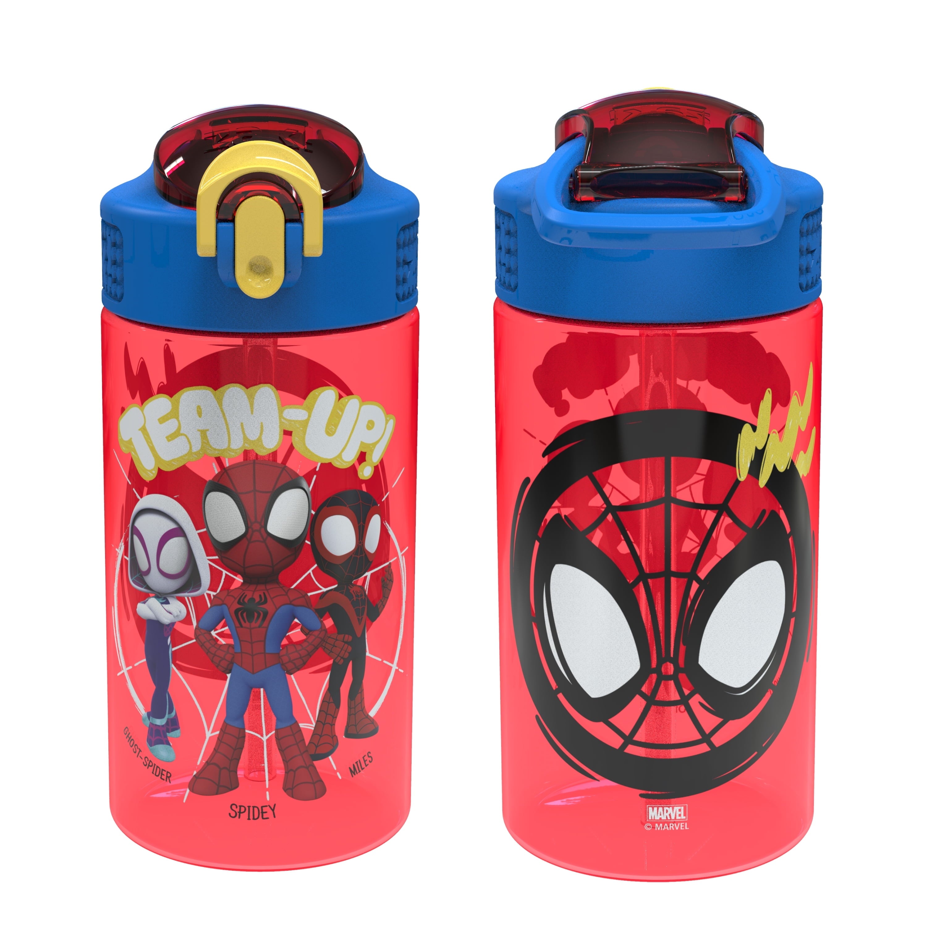 Spider-Man 16 oz kids water bottles with red flip-top lids
