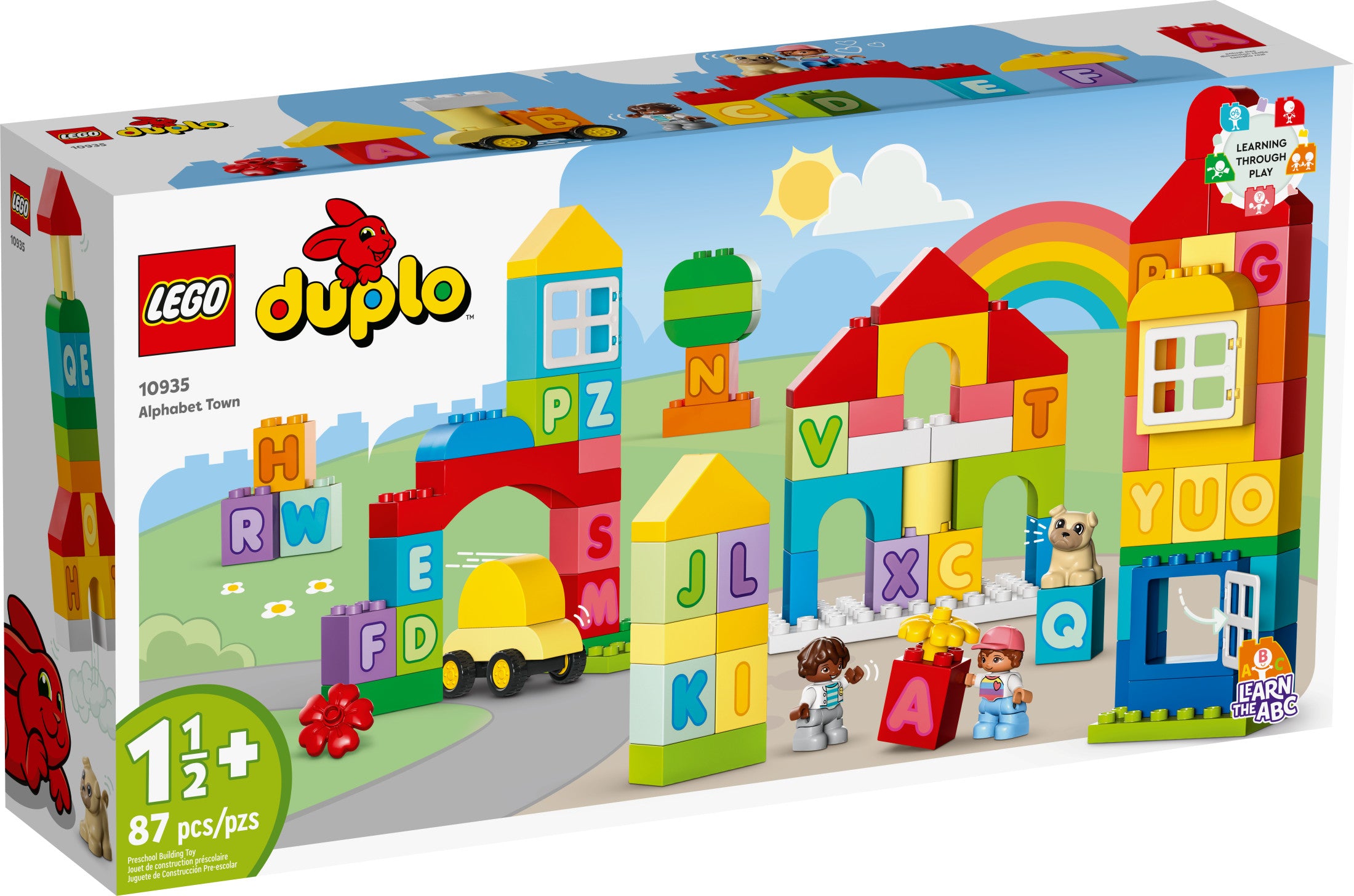 Close-up of DUPLO blocks featuring alphabet letters and vibrant colors
