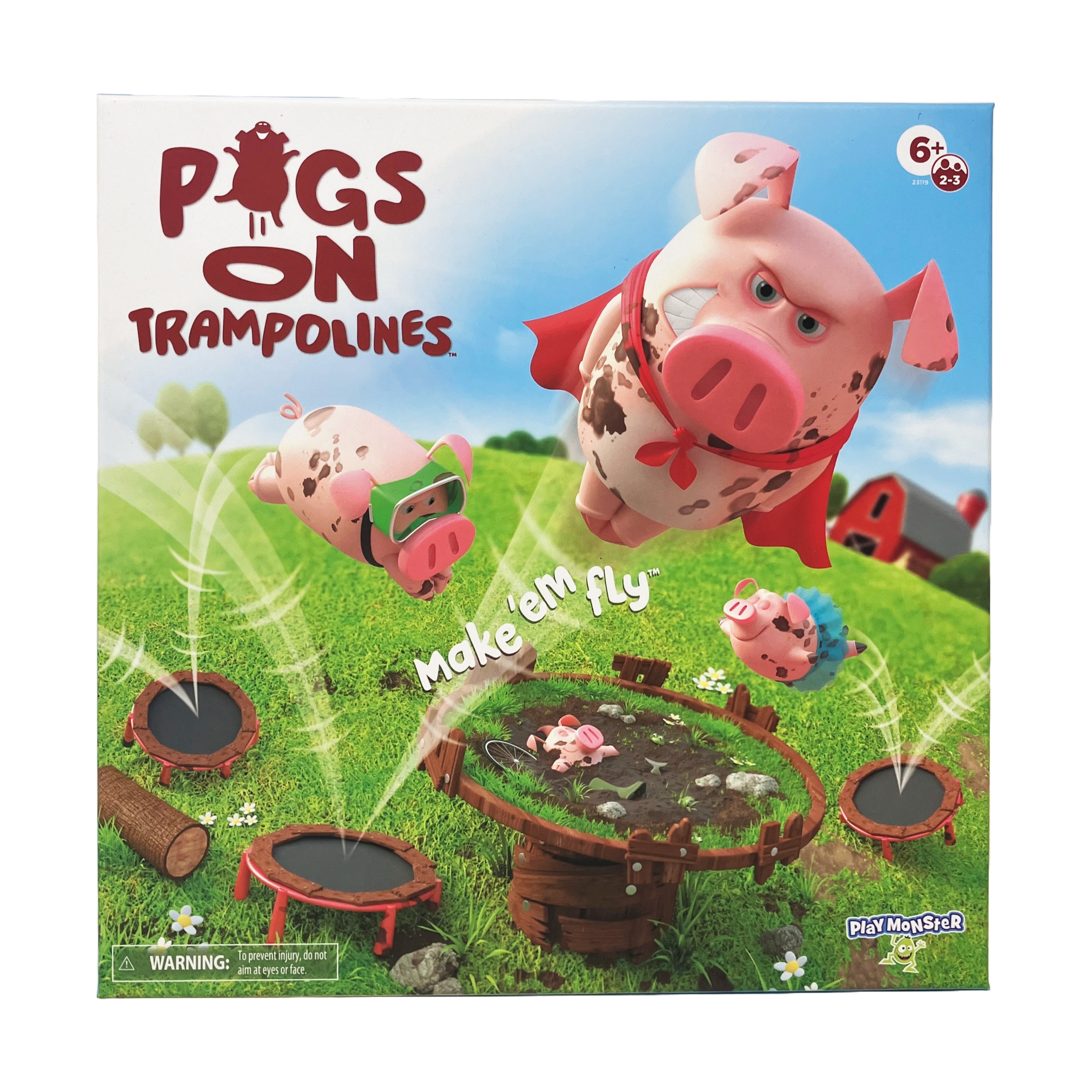 Rubber pigs bouncing into the mud puddle in Pigs on Trampolines game
