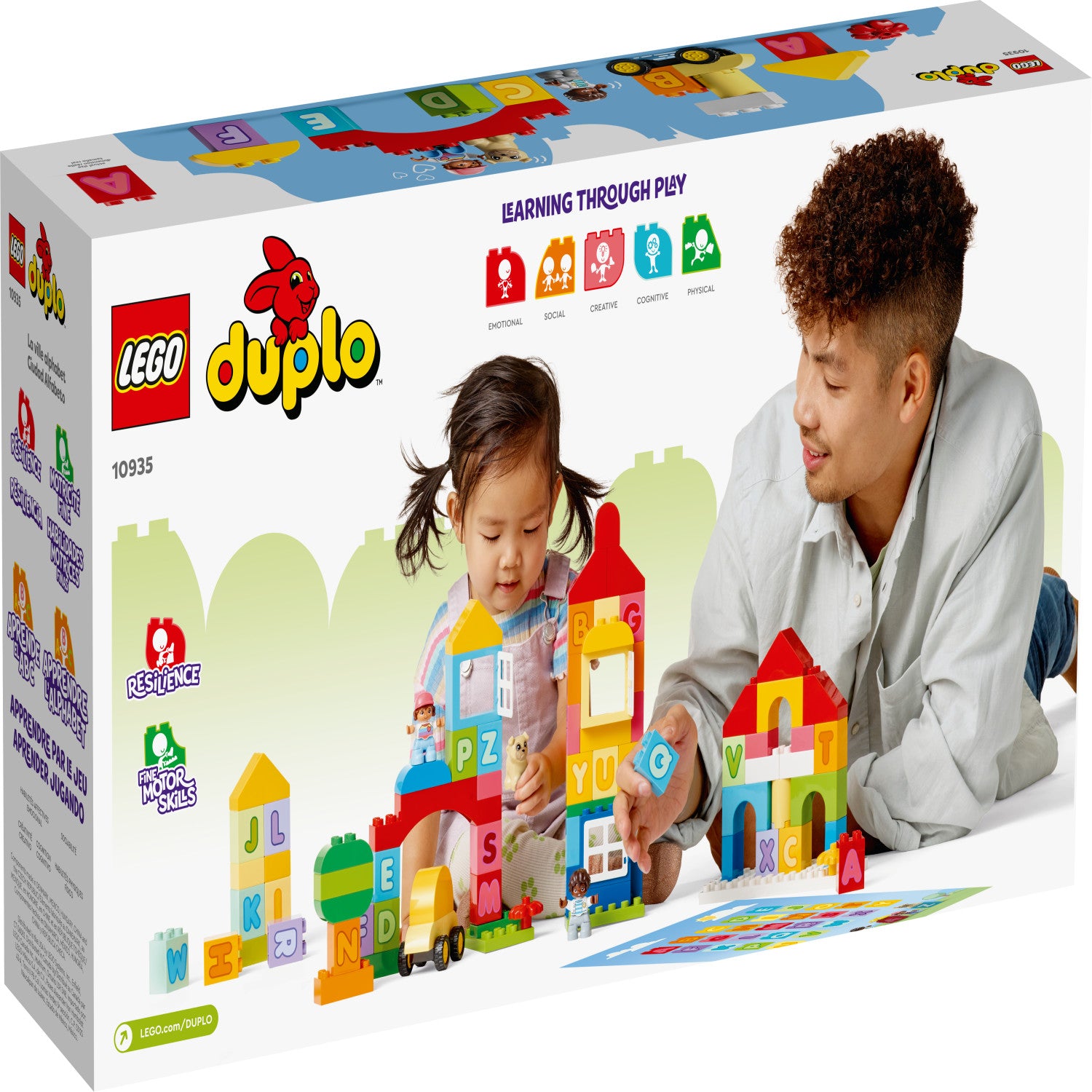 Completed LEGO DUPLO Alphabet Town with tall colorful tower
