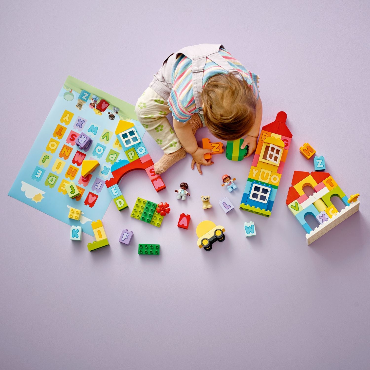 Small hands building with DUPLO alphabet blocks
Interactive play with DUPLO blocks showcasing learning letters and shapes
LEGO DUPLO set highlighting sensory play and color exploration
Fun imaginative play scene with DUPLO boy, girl, and dog figures
Parents and toddler sharing creative playtime with DUPLO Alphabet Town