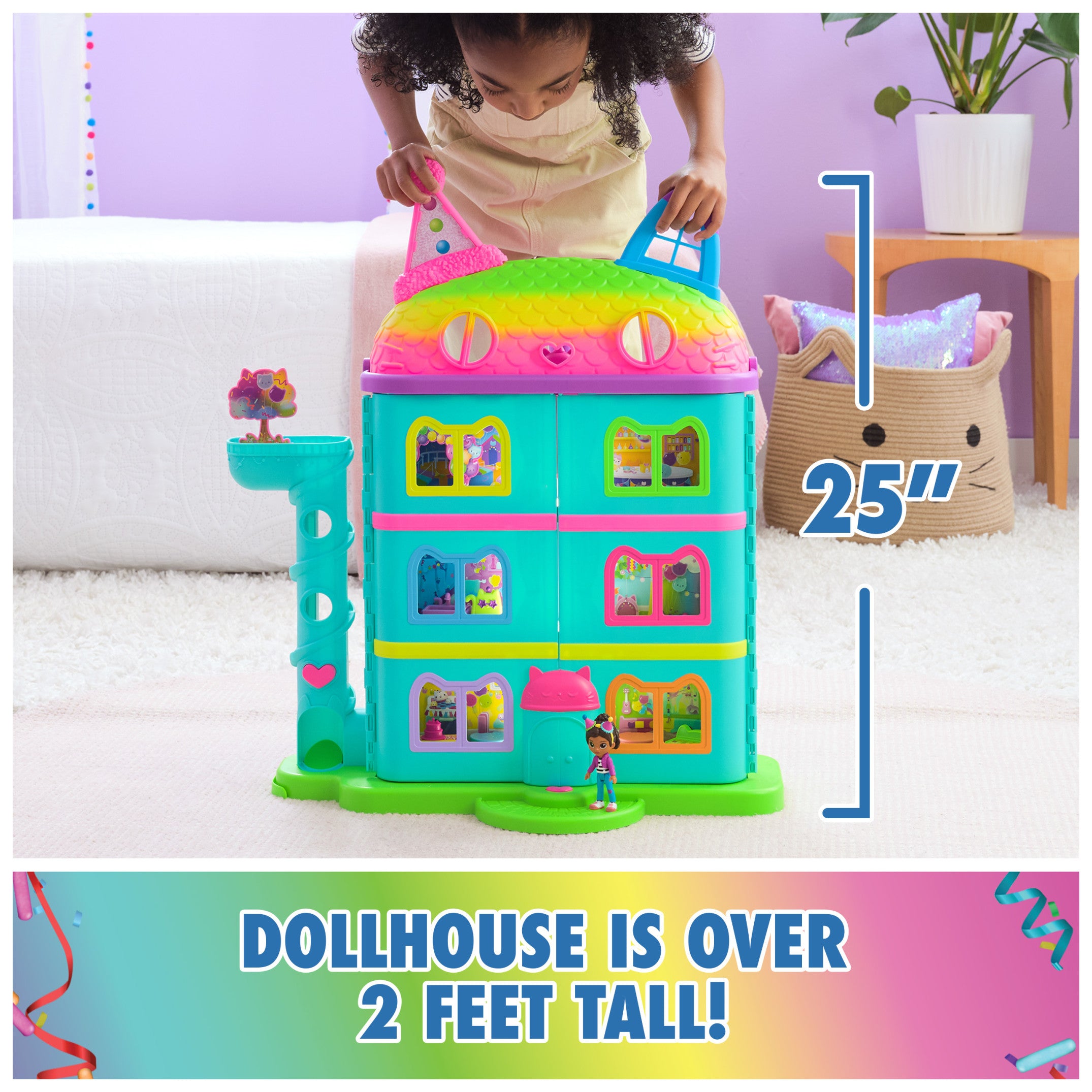 The Cat-A-Vator transporting figures to different rooms in the dollhouse.
