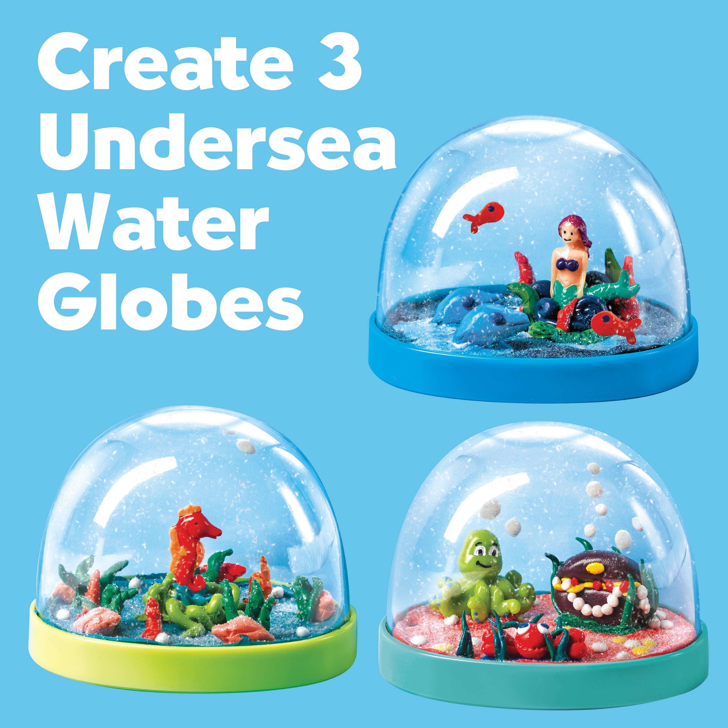 Close-up of a finished underwater-themed snow globe with a seahorse figurine
