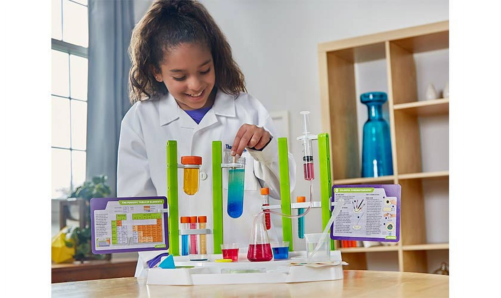 Colorful chemistry station with lab tools and instructions
