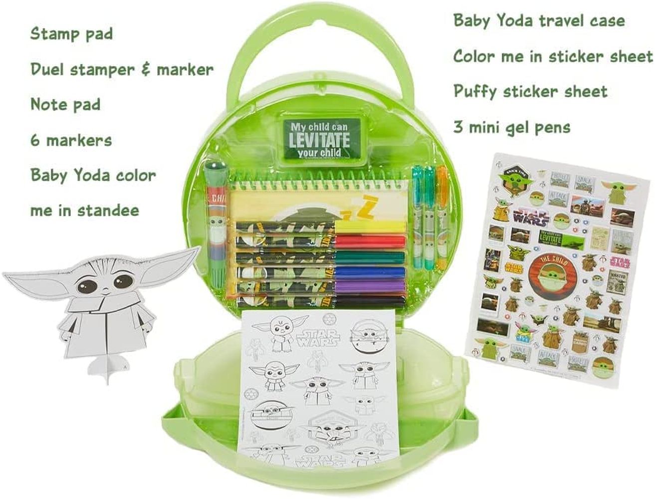 Open Baby Yoda travel case displaying markers, gel pens, and stickers
